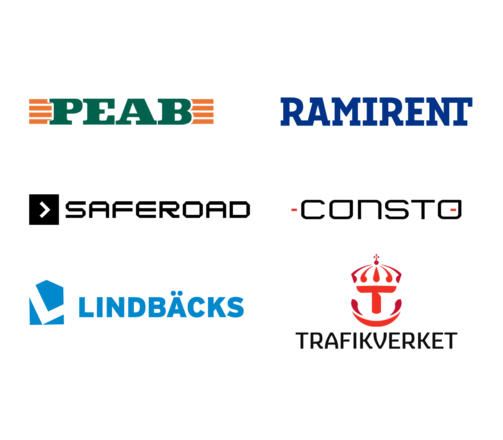 Logotyper över Peab, Ramirent, Saferoad, Consto, Lindbäcks Bygg AB samt Trafikverket.