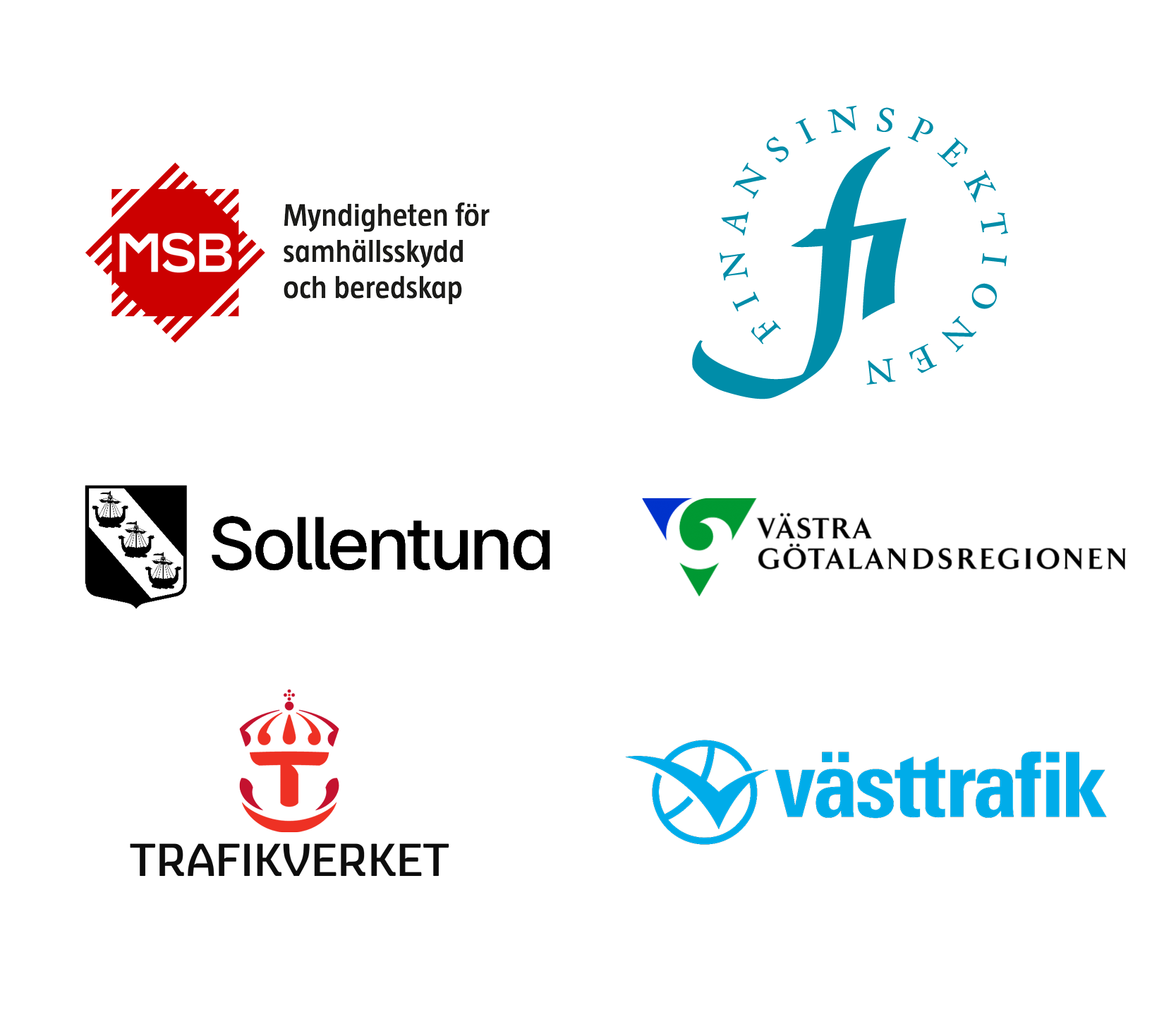 Logotyper för MSB, Finansinspektionen, Sollentuna kommun, Västra Götalandsregionen, Trafikverket och Västtrafik.