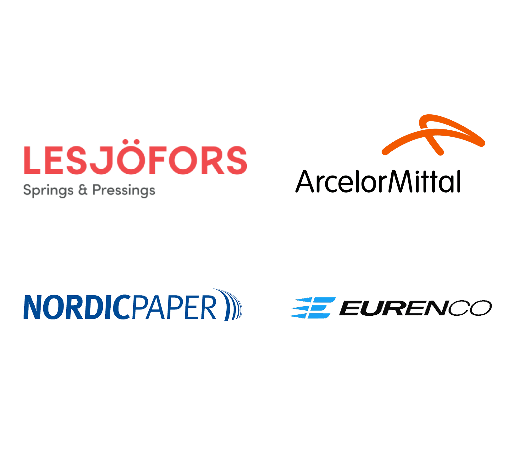 Logotyper av Lesjöfors, Arcelor Mittal, Nordic Paper och Eurenco.