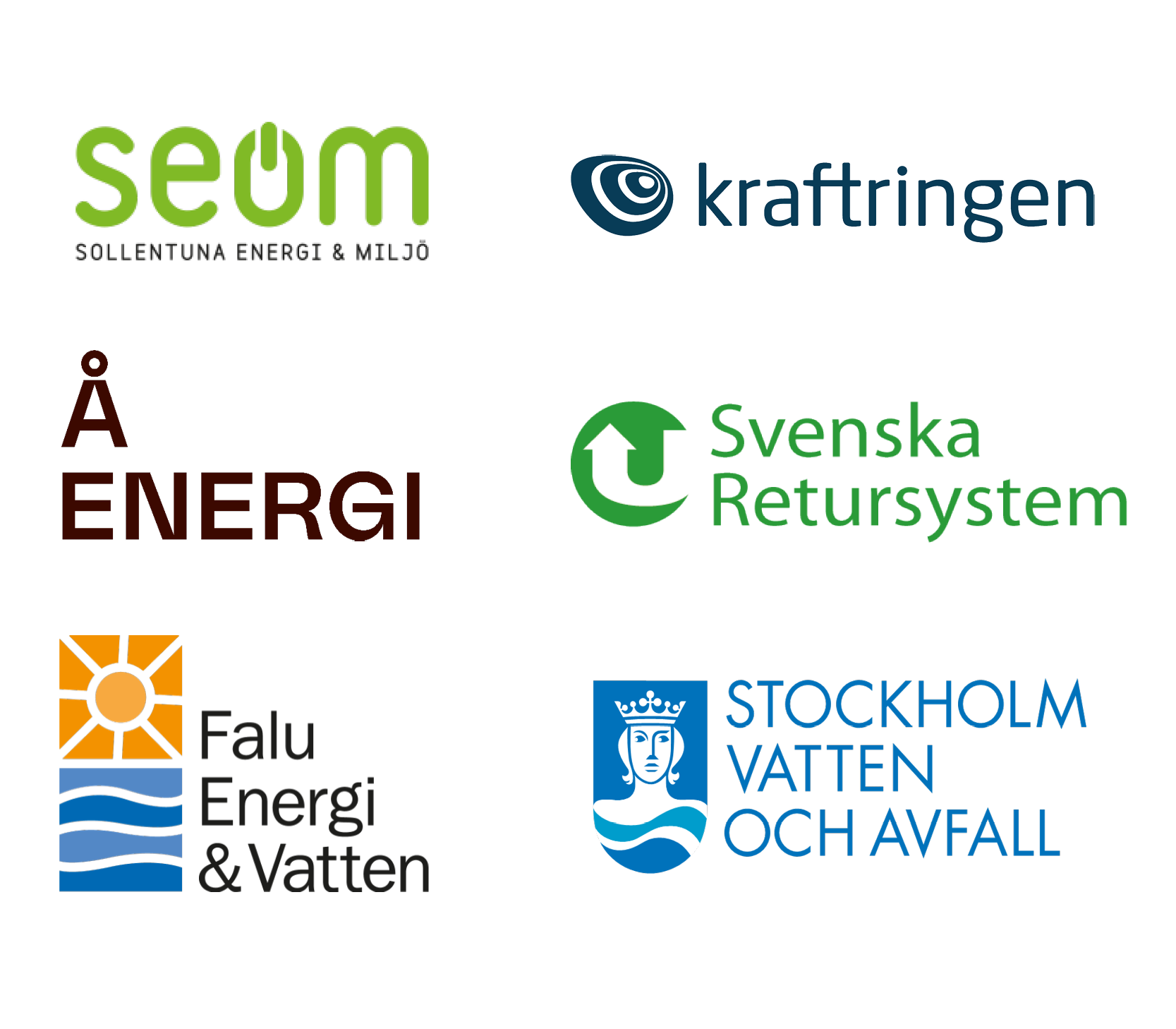 Logotyper för SEOM, Kraftringen, Å Energi, Svenska Retursystem, Falu Energi och vatten samt Stockholm vatten och avfall.