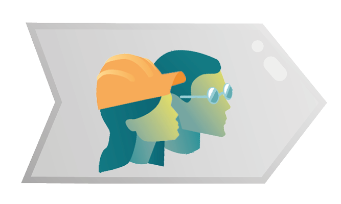 Illustration of two employees in a process object that symbolizes HR processes and the human being at the center.