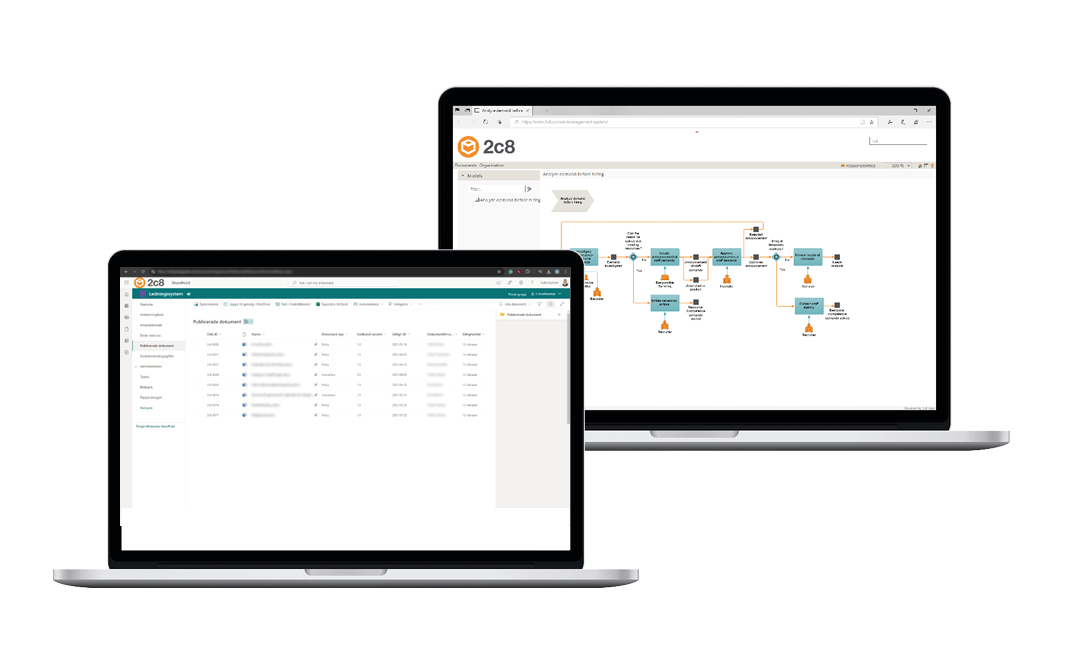 Bild av två datorer där ena visar 2c8 Apps och den andra Sharepoint dokumentbibliotek.